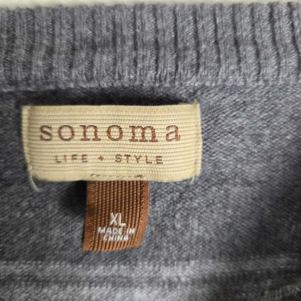 Sonoma Mens XL Gray Striped Crew Neck 100% Cotton Knit Pullover Sweater